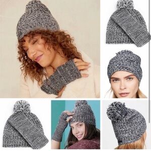 Rebecca Minkoff Marled Beanie & Hand/Arm Warmer Set Black/White Acrylic Knit